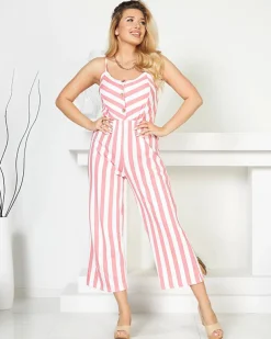 Royalfashion Czerwono- biały długi kombinezon damski w paski