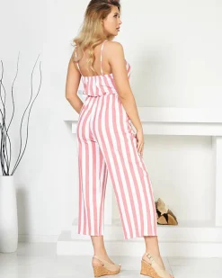 Royalfashion Czerwono- biały długi kombinezon damski w paski