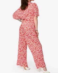 Royalfashion Czerwony damski plisowany komplet w kwiatki