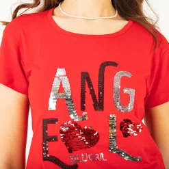 Royalfashion Czerwony damski t-shirt z napisem z cekinów