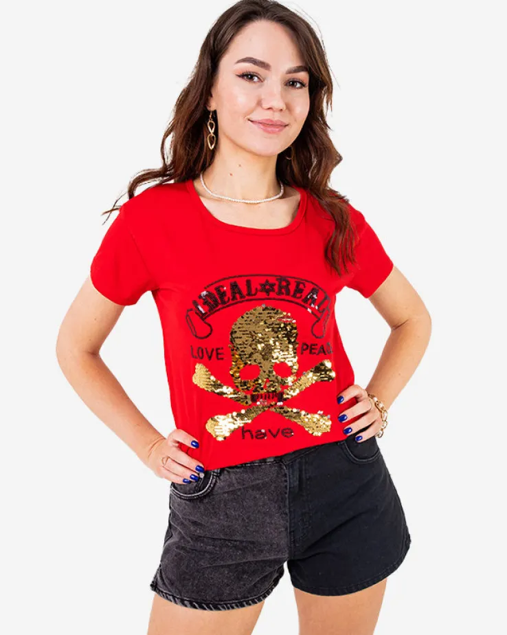 Royalfashion Czerwony damski t-shirt z cekinami i napisami