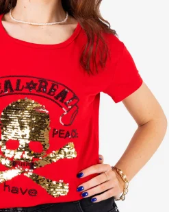 Royalfashion Czerwony damski t-shirt z cekinami i napisami