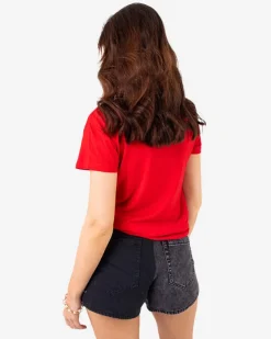 Royalfashion Czerwony damski t-shirt z cekinami i napisami