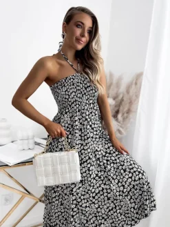 Royalfashion Damska czarna sukienka midi kwiaty