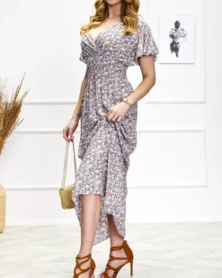 Royalfashion Damska kwiecista sukienka midi w niebiesko-pomarańczowym kolorze