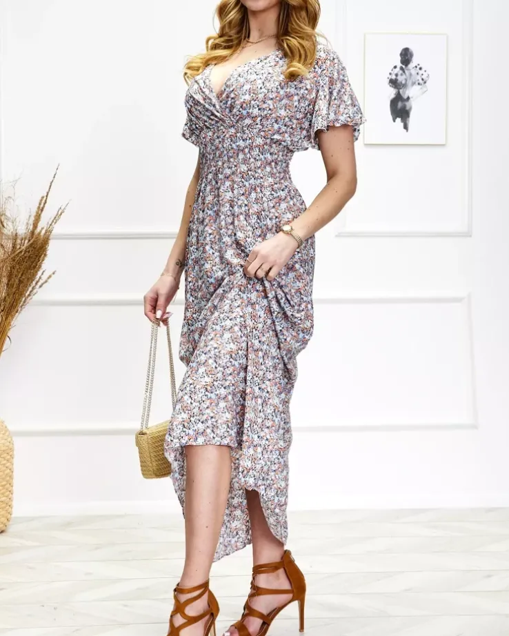 Royalfashion Damska kwiecista sukienka midi w niebiesko-pomarańczowym kolorze