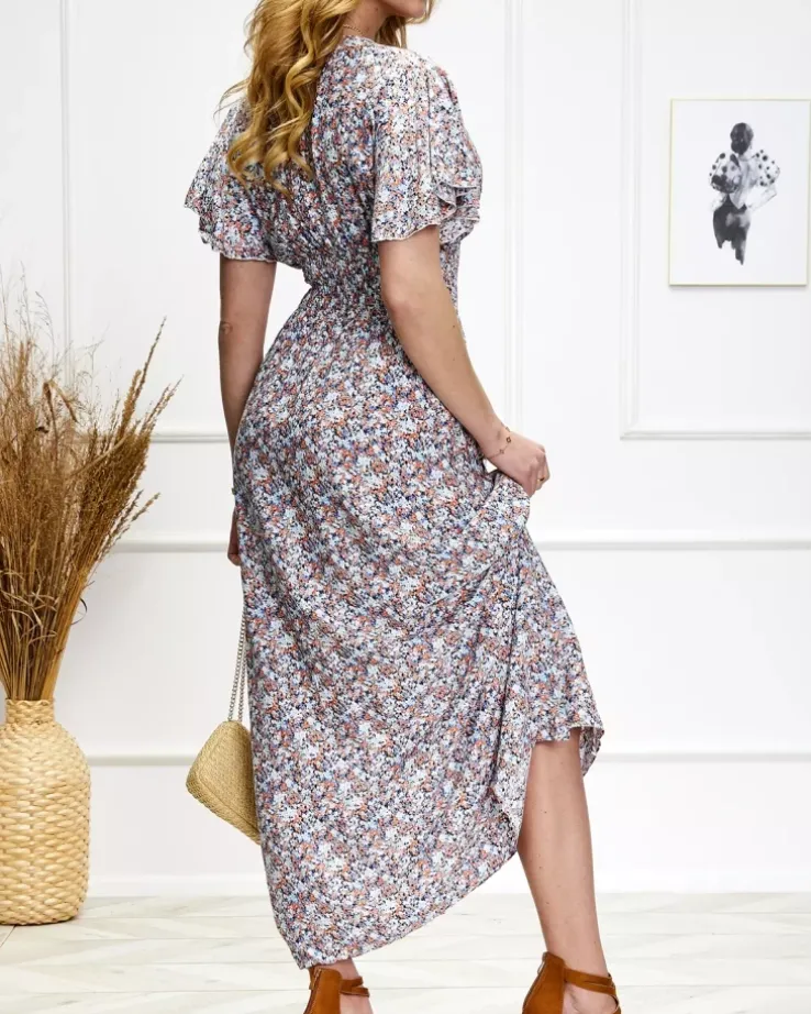 Royalfashion Damska kwiecista sukienka midi w niebiesko-pomarańczowym kolorze