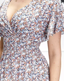 Royalfashion Damska kwiecista sukienka midi w niebiesko-pomarańczowym kolorze