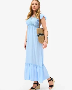 Royalfashion Damska niebieska długa sukienka z koronką