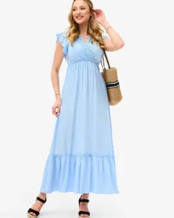 Royalfashion Damska niebieska długa sukienka z koronką
