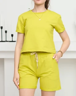 Royalfashion Damski bawełniany sportowy komplet dresowy w limonkowym kolorze