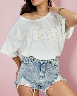 Royalfashion Damski t-shirt z naszywką w kształcie kokardki