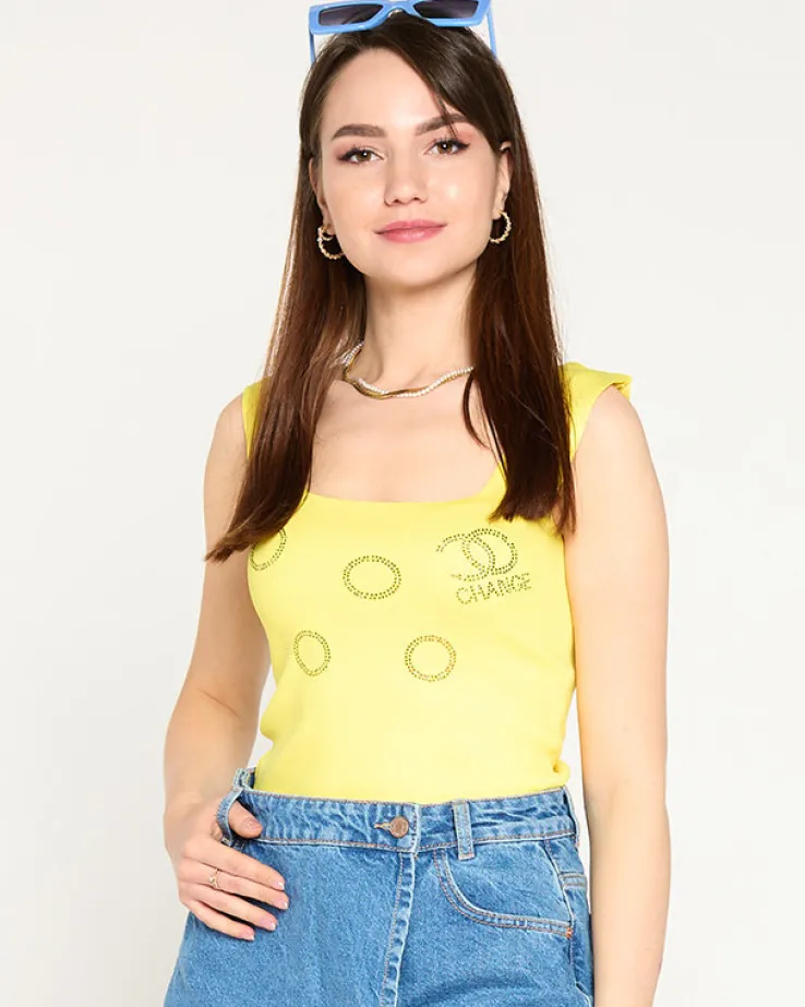 Royalfashion Damski żółty top ze złotymi cyrkoniami