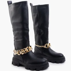 Royalfashion Damskie czarne kozaki z łańcuszkiem Sudzi