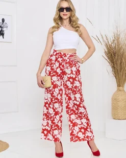 Royalfashion Damskie czerwone kwiatowe spodnie typu palazzo
