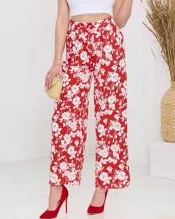 Royalfashion Damskie czerwone kwiatowe spodnie typu palazzo