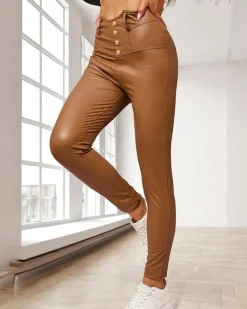 Royalfashion Damskie eko-skórzane ocieplane legginsy w kolorze jasnobrązowym