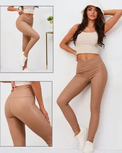 Royalfashion Damskie eko-skórzane ocieplane legginsy w beżowym kolorze