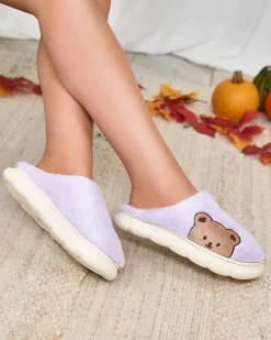 Royalfashion Damskie futrzane kapcie z misiem w kolorze fioletowym Fetemes