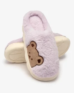 Royalfashion Damskie futrzane kapcie z misiem w kolorze fioletowym Fetemes