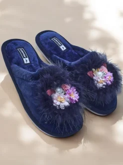 Royalfashion Damskie futrzane kapcie z kwiatami Ederra