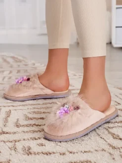 Royalfashion Damskie futrzane kapcie z kwiatami Ederra