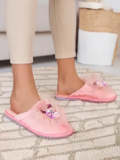 Royalfashion Damskie futrzane kapcie z kwiatami Ederra