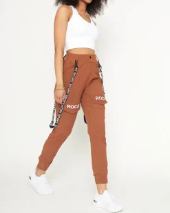 Royalfashion Damskie materiałowe spodnie typu bojówki z szelkami w kolorze camel