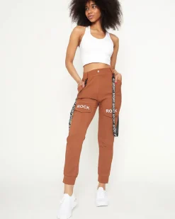 Royalfashion Damskie materiałowe spodnie typu bojówki z szelkami w kolorze camel