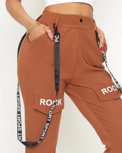 Royalfashion Damskie materiałowe spodnie typu bojówki z szelkami w kolorze camel