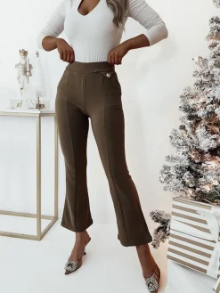 Royalfashion Damskie ocieplane tregginsy a'la dzwony w kolorze khaki