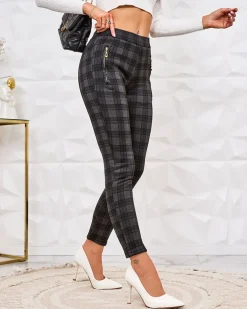 Royalfashion Damskie spodnie typu tregginsy z ociepleniem w kratę