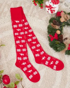 Royalfashion Damskie świąteczne skarpety za kolano w kolorze czerwonym