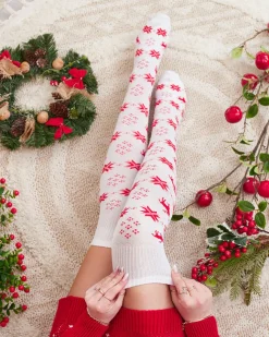 Royalfashion Damskie świąteczne skarpety za kolano w kolorze białym