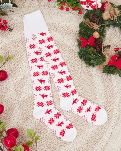 Royalfashion Damskie świąteczne skarpety za kolano w kolorze białym