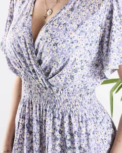 Royalfashion Długa fioletowa damska sukienka w drobne kwiaty