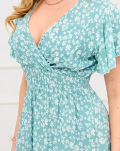 Royalfashion Długa zielona damska sukienka z kwiecistym motywem