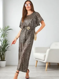 Royalfashion Długi kombinezon damski z cekinami