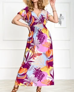 Royalfashion Fioletowa damska długa sukienka z roślinnym printem