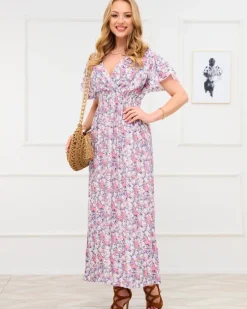 Royalfashion Fioletowa damska sukienka maxi w kwiaty