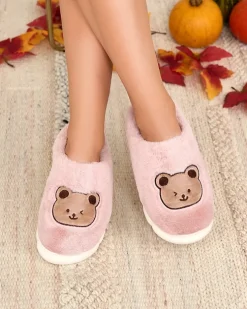 Royalfashion Fioletowo - różowe damskie futrzane kapcie z misiem Hettres