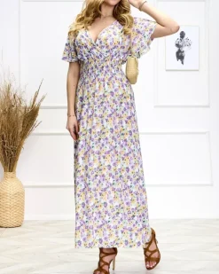 Royalfashion Fioletowo-zielona damska kwiecista sukienka midi