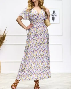 Royalfashion Fioletowo-zielona damska kwiecista sukienka midi