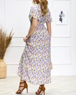 Royalfashion Fioletowo-zielona damska kwiecista sukienka midi