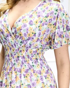 Royalfashion Fioletowo-zielona damska kwiecista sukienka midi