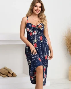 Royalfashion Granatowa damska midi sukienka na ramiączkach w groszki