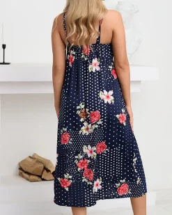 Royalfashion Granatowa damska midi sukienka na ramiączkach w groszki