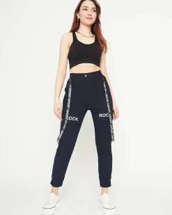 Royalfashion Granatowe damskie materiałowe spodnie typu bojówki z szelkami