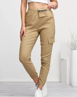 Royalfashion Jasnobrązowe damskie spodnie typu bojówki z odpinaną kieszenią