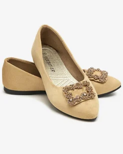 Royalfashion Jasnobrązowe damskie eko-zamszowe balerinki z ozdobą Linselisa